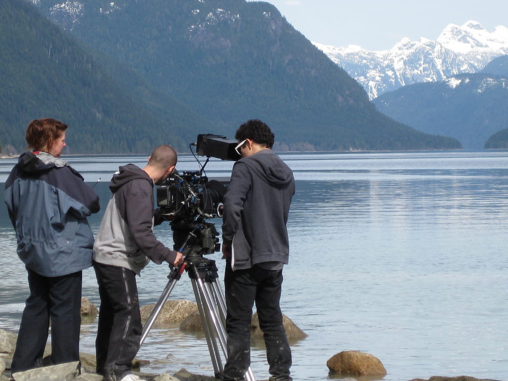 Filming across Alouette Lake, surrounded by mountains, in Golden Ears Provincial Park.